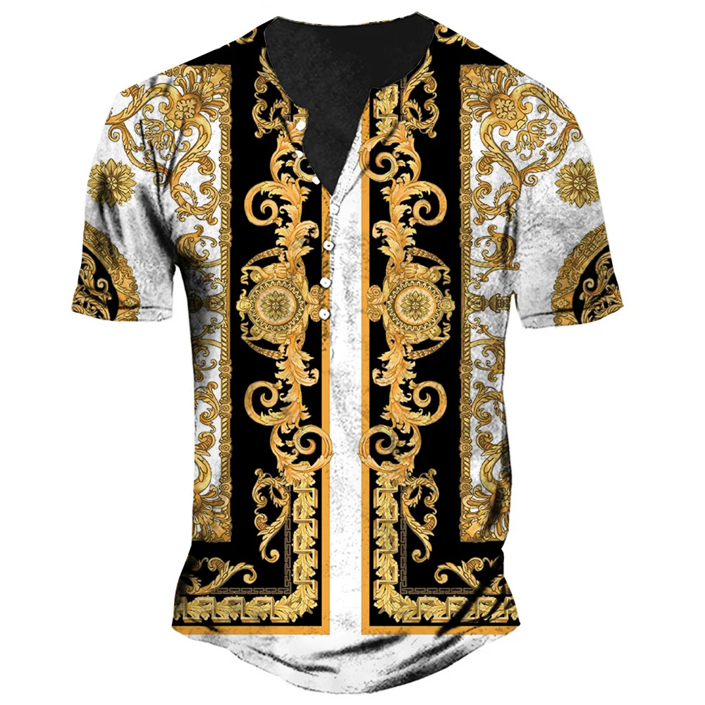 

Luxury T Shirt For Men Baroque Style 3d Men's Henley Shirt Summer Oversized Tops Buton Short Sleeve Loose Male Barroco Clothing