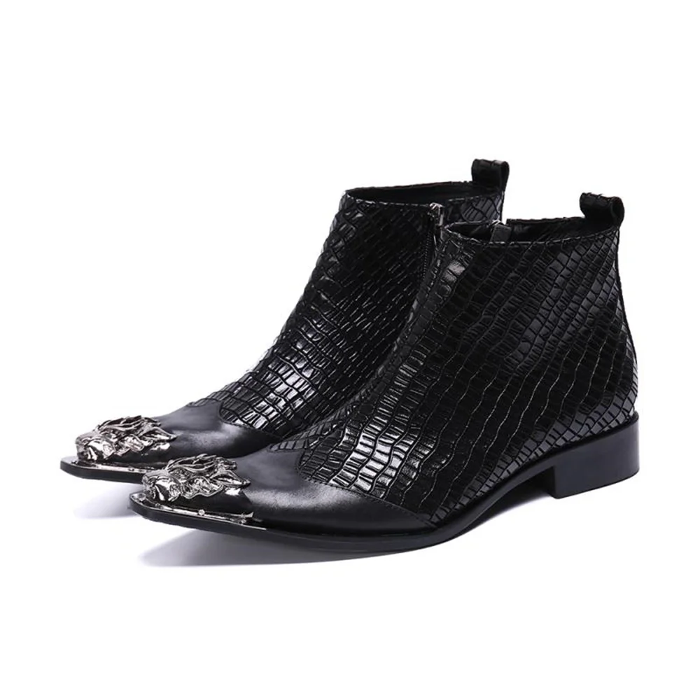 

Black With Metal Genuine Leather High Heels Pointed Toe Boots Male Zipper Plus Size Party Business British Style Dress Shoes