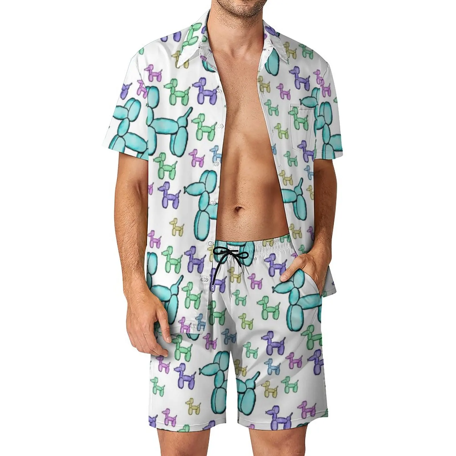 

Colorful Balloon Dog Men Sets Balloons Art Print Fashion Casual Shirt Set Short Sleeve Design Shorts Summer Beach Suit Plus Size