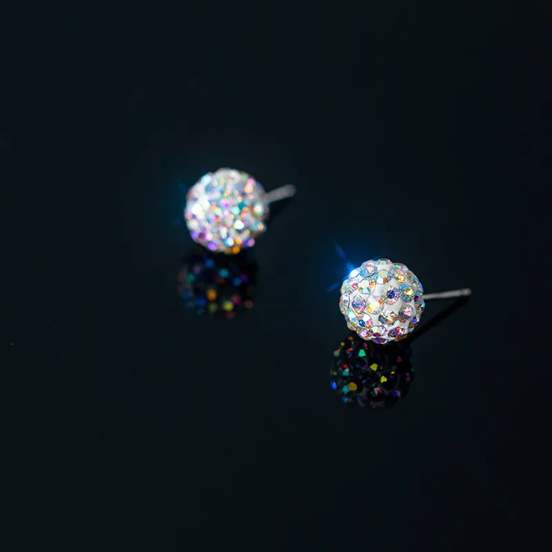 925 Sterling Silver Colorful Zircon Round Bead Pircing Stud Earrings Women Girls Light Luxury  Wedding Party Jewelry Gift b057