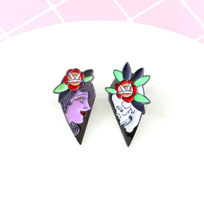 Брошь Эмаль Череп Скелет Роза Цветок Леди 2 Лепестки Сердце Лучшие Друзья