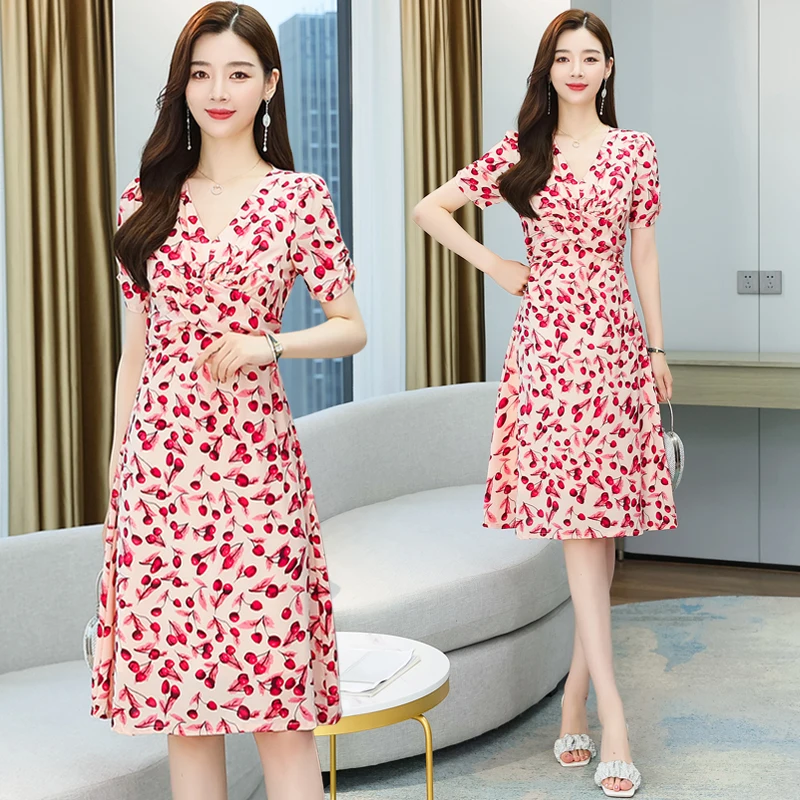 

Summer Floral Chiffon Short Sleeve Sexy Dresses 2022 Korean Elegant Casual Boho Beach Sundress Women Bodycon Party Midi Vestidos