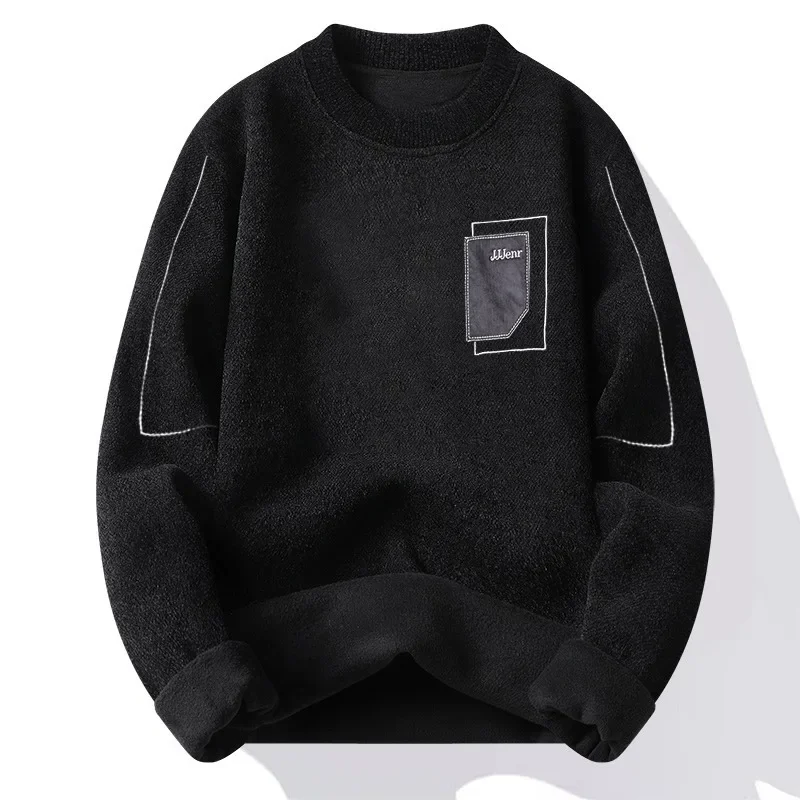 Мужской вязаный свитер из синели цельный флисовый на подкладке теплый базовый