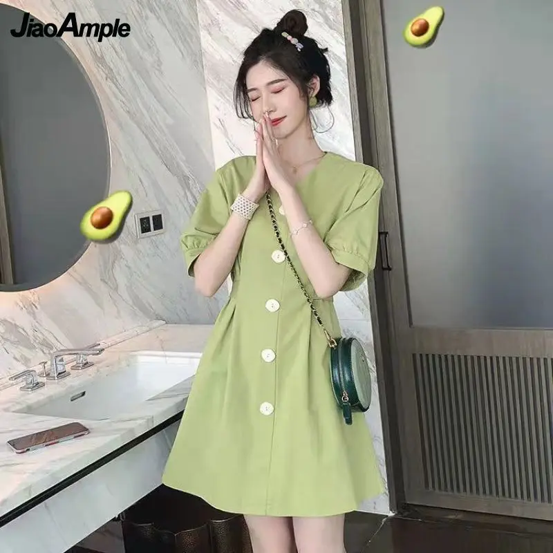 

2022 Summer Women's Sweet Green Mini Bowknot Waist Dress French Student Casual Joker Solid Button V-Neck Short Sleeve Dresses