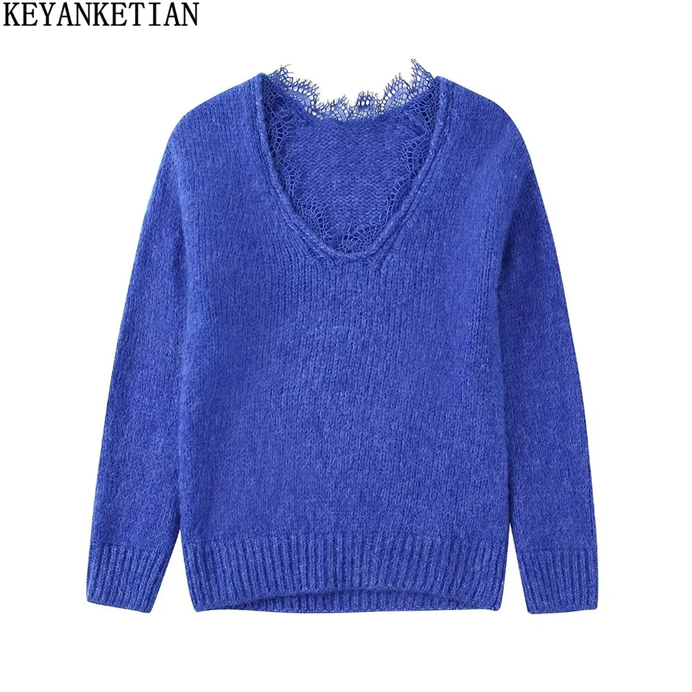 

Женский кружевной вязаный свитер KEYANKETIAN, новинка осень-зима, романтический темпераментный синий пуловер во французском стиле, свитер