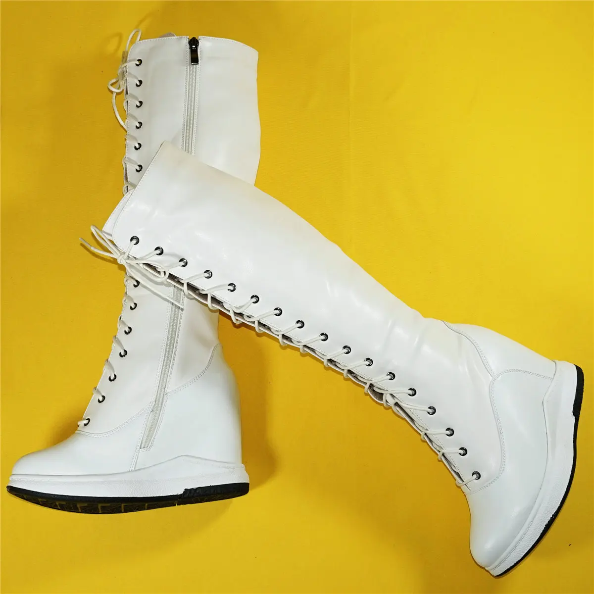 Winter Fashion Sneakers Women Lace Up Genuine Leather Super High Heels Platform Pumps Female Thigh High Snow Boots Casual Shoes