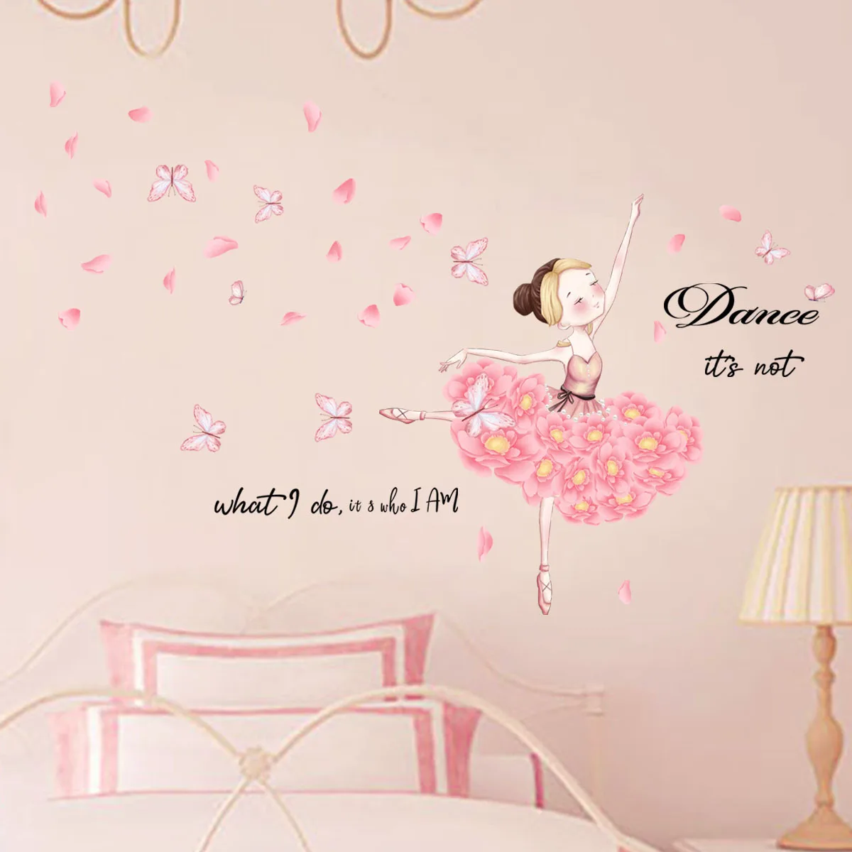 Home Decor Room Wall Sticker Cute Cartoon Dancing Girl Pink Butterfly Decorate Living Room Bedroom Children's Room Wallpaper