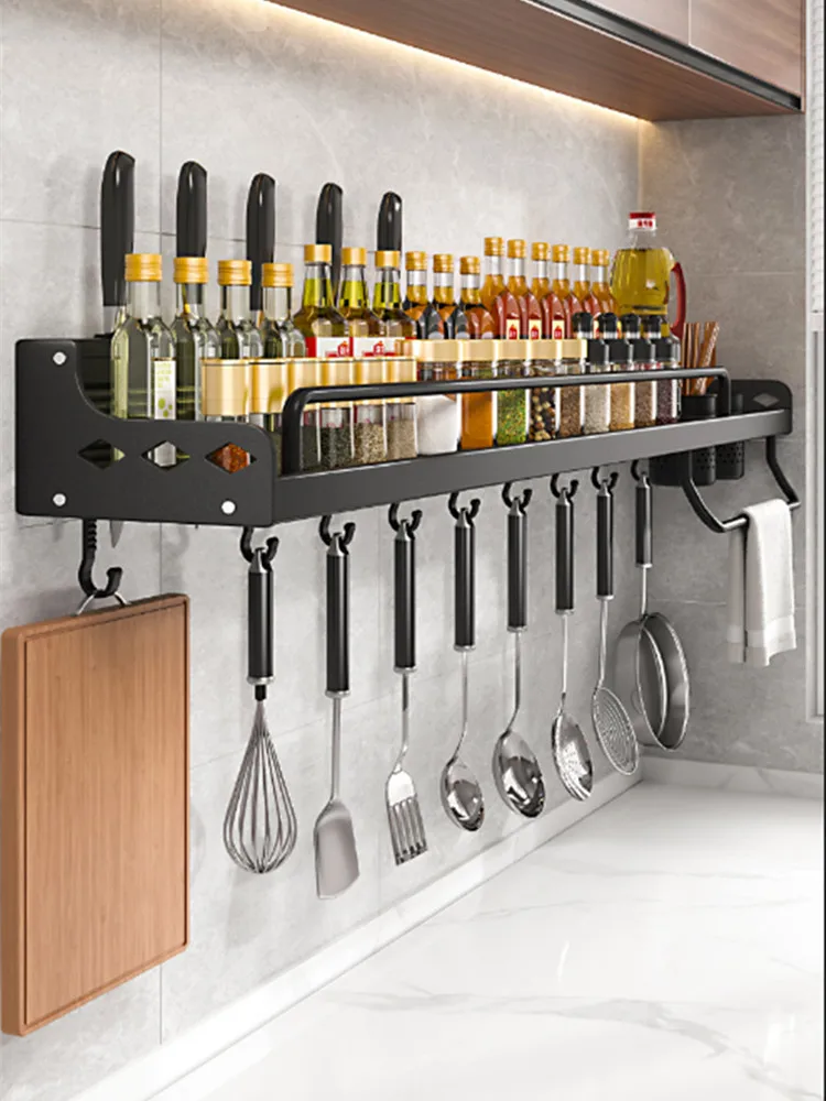 

Condiment Space Aluminum Kitchen Shelf Shelf Kitchen Kichen Punch-free Rack Wall-mounted Storage Knife Spice Organizer Household