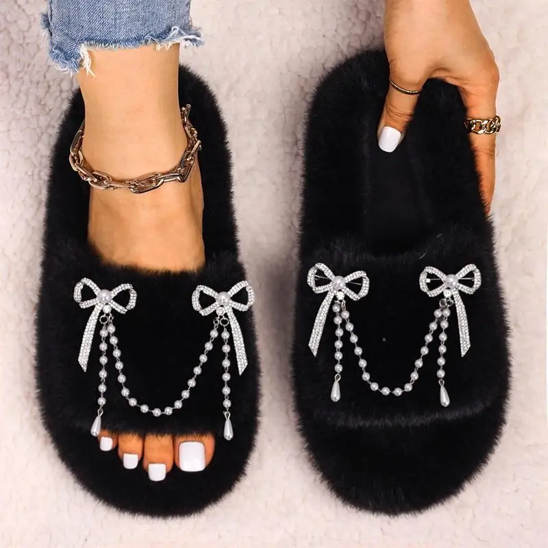 Women Winter Fur Slippers Diamond Bowknot Pearl Chain Warm Home Slides Female Slides Sandals Casual Fluffy House Platform Shoes