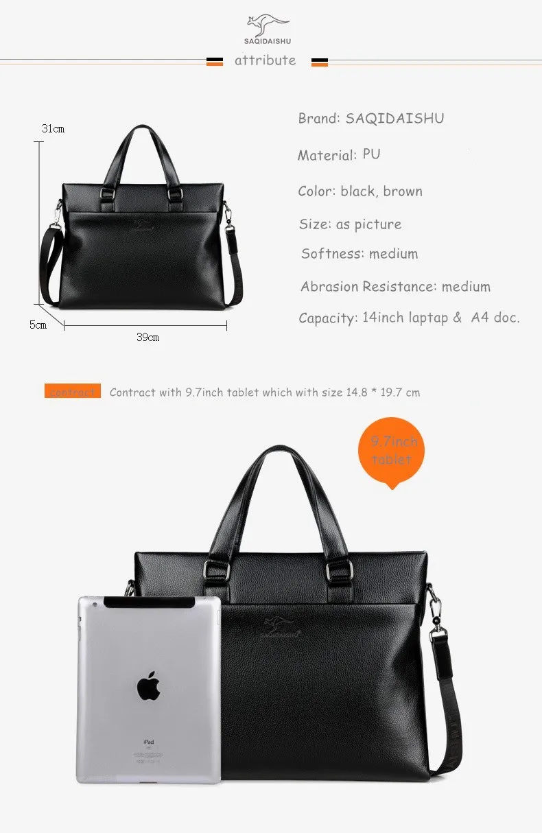 new Men briefcases leisure business Bag document quality PU formal work bags  large capacity handbag Male Messenger handbags