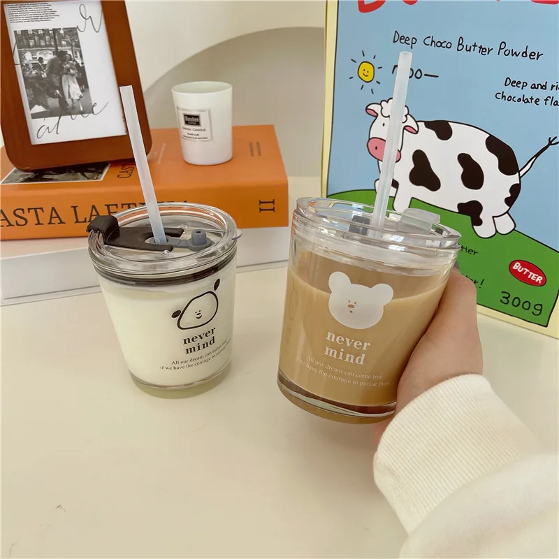 

Korea Cartoon Straw Glass Cup Puppy Printed Coffee Cup Reusable Water Cup Cute Bear with Lid Cool Water Bottle Portable Drinking