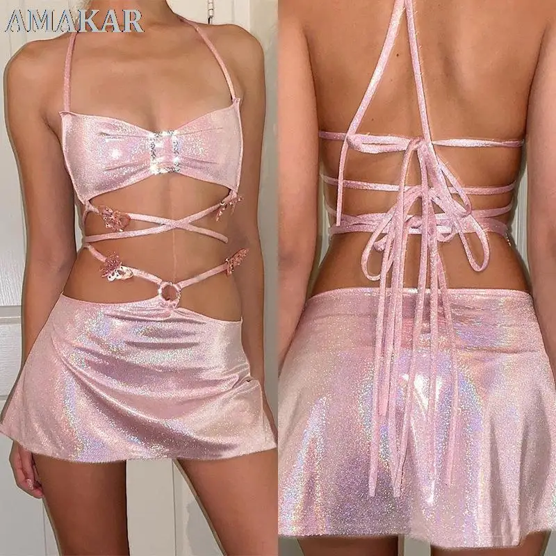 

2021 Блестящий розовый комплект из двух предметов Фея гранж короткий топ мини-юбка летняя одежда сексуальный клубный праздничный наряд
