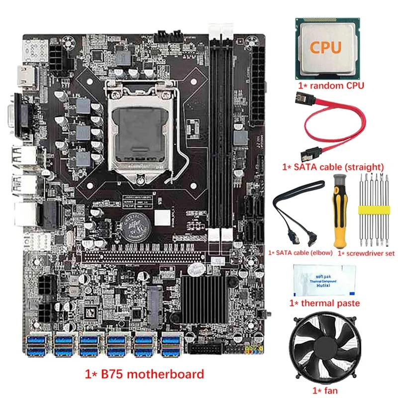 

12 USB3.0 B75 BTC Mining Motherboard With Random CPU+Fan+Thermal Paste+Screwdriver+2 SATA Cable LGA1155 DDR3 RAM SATA3.0