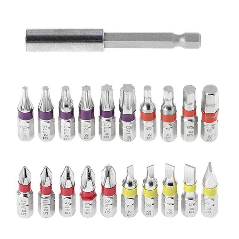 

21Pcs Slotted Flat Hex Electric Screwdriver Bits Set Coded Screw Adapter With Connecting Rod Repair Disassembly Hand