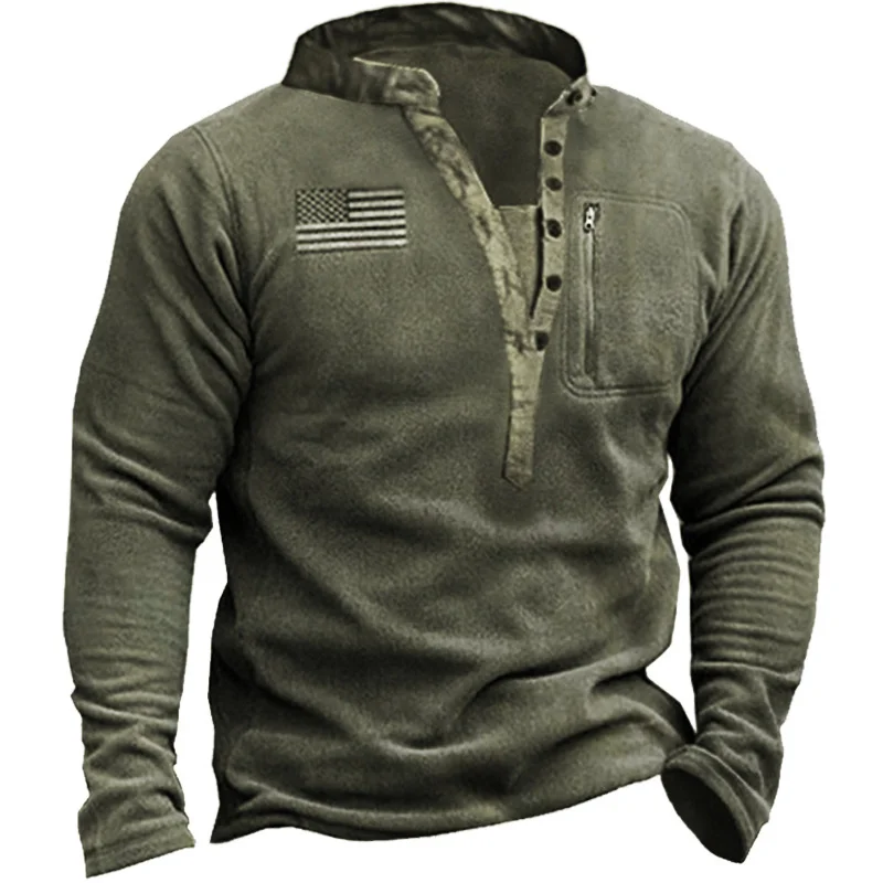 

Fall Winter Men's V-Neck Sweater Pullover Outdoor Fleece Warm Thickend Henry Collar Tactical Training Men's Long Sleeve Top