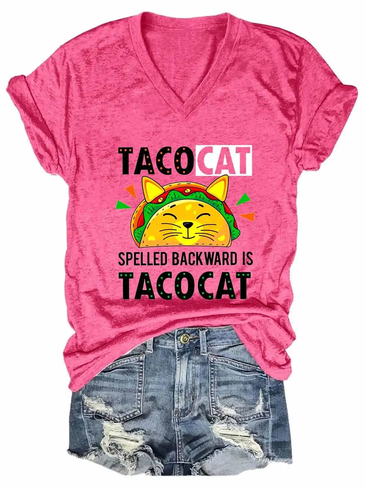 Lovessales Womens Spelled Backward Is Tacocat Funny Cat V-neck Short Sleeve 100% Cotton T-shirt images - 1