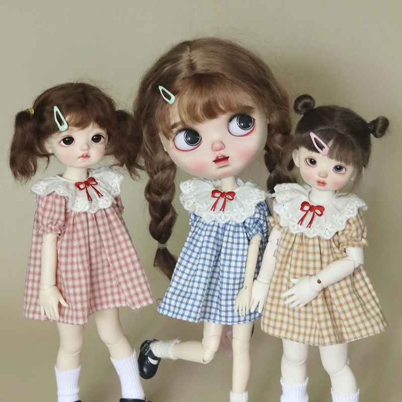 1Pcs Blythe and 1/6 Bjd Doll Puffy Dress Cute Collar Short Sleeve Plaid Skirt for Blyth Licca Pullip Dolls Clothes Accessories