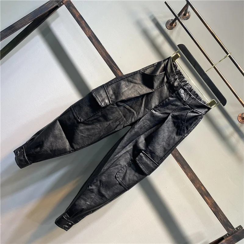 Брюки женские из искусственной кожи модные элегантные сафари с карманами