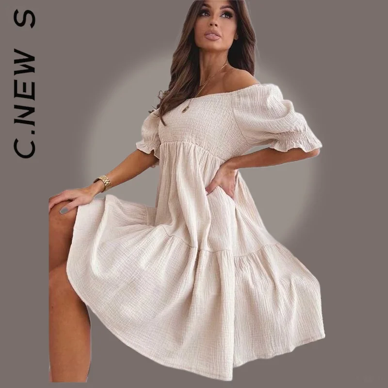 

C.New S Dress Fashion Slash Neck Pleated Short Sleeve Solid Loose Mini Dress Chic Slim Party Dresses Elegant Korean Vestidos