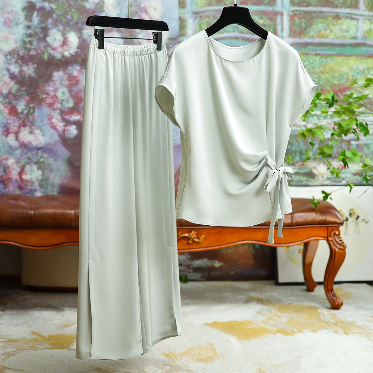 

Light Luxury Temperament Women's Pants Set Fly Fly Sleeve Loose Wide Leg Pants Fashion 2-piece Set Office Ladies Women Clothing