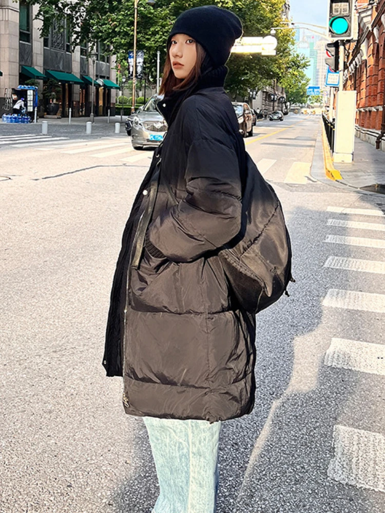 Long Puffer Jacket Women Winter Solid Bubble Coat Knitted Stand Collar and Cuff Fashion Big Pocket Warm Cotton Padded Warm Parka
