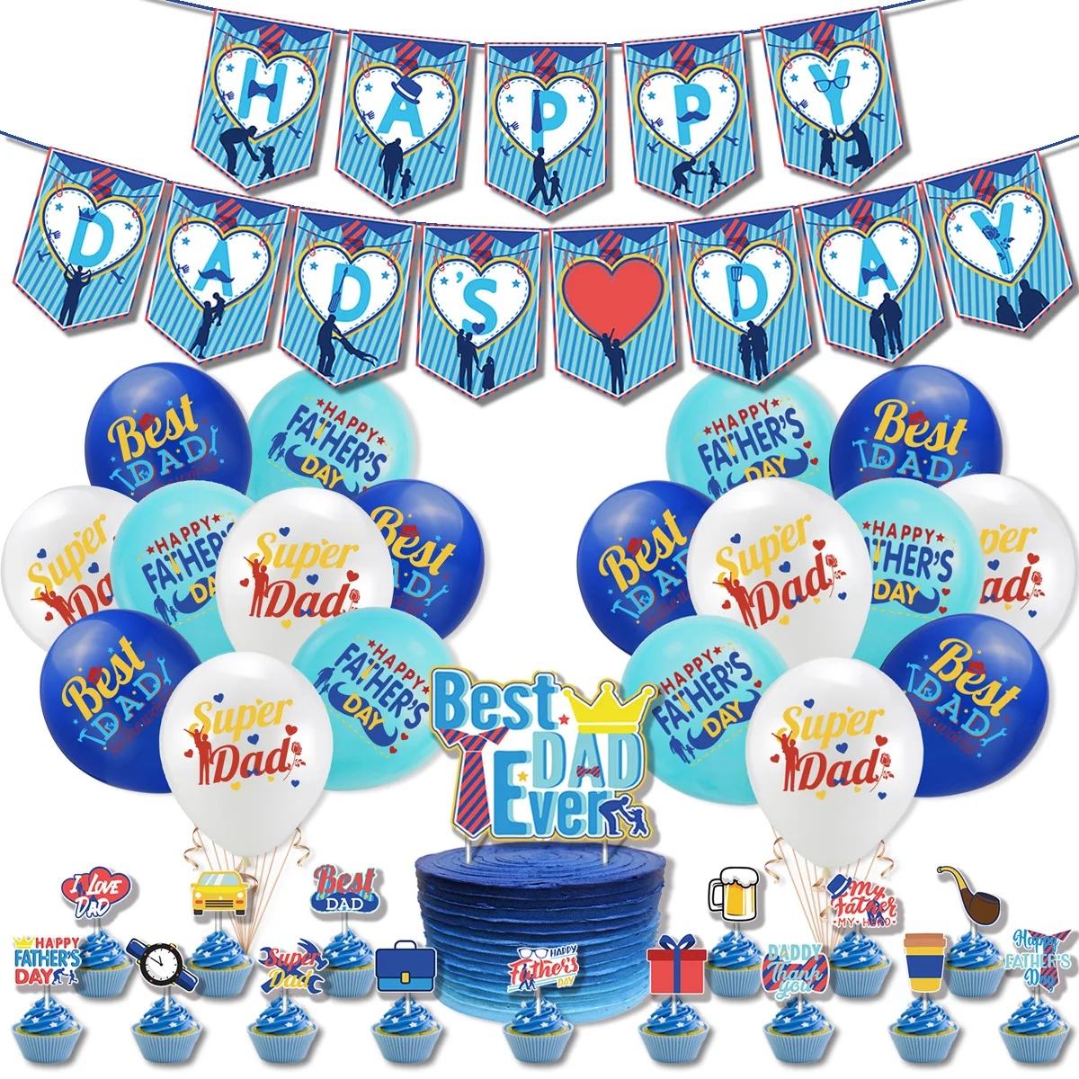 

JOLLYBOOM Father's Day Party Decoration Set Blue White Latex Balloon Best Dad Cake Topper for Father's Day Theme Party Supplies