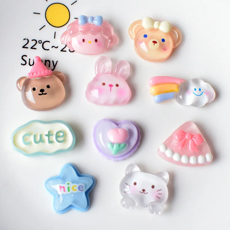 

10 шт., прозрачные блестящие кабошоны из смолы с мультяшными животными, мультяшным кроликом, медведем, котом, плоской задней частью, аксессуары для скрапбукинга, Bastel Material