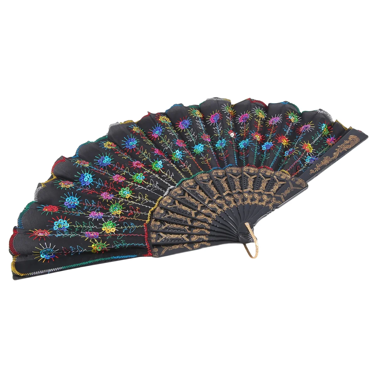 SODIAL(R) цветной Вышитый цветочный узор черный тканевый складной веер для женщин
