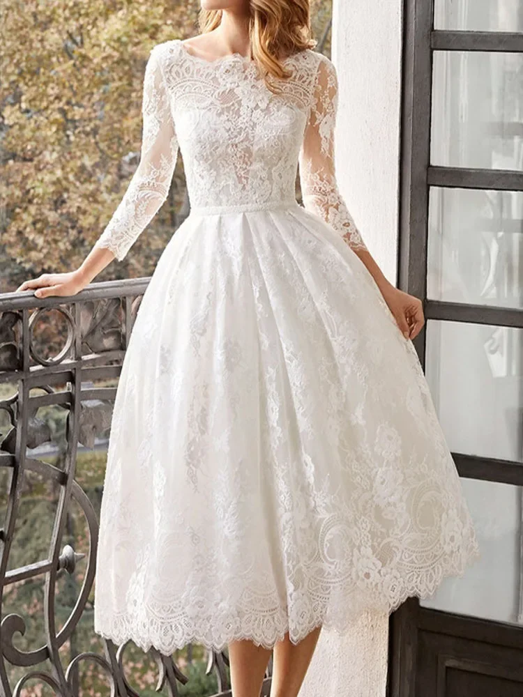 

Floral Printed Wedding Dress Women Summer Long Sleeve White Lace Dress Elegant Fashion Ladies Slim A Line Party Dresses Vestidos