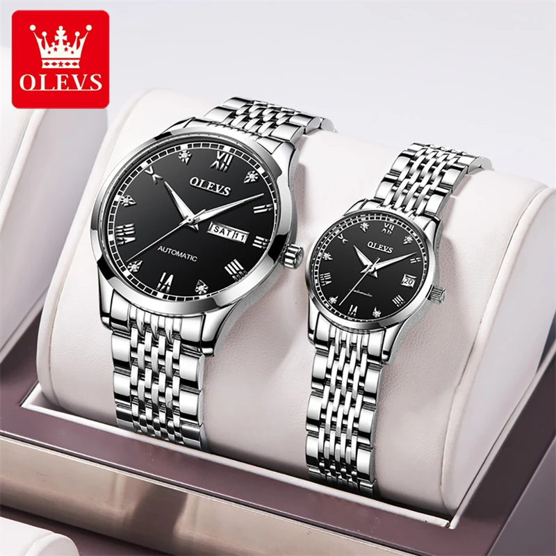 OELVS Brand Couple Watch Luxury Automatic Mechanical Watch Stainless Steel Waterproof Business Clock with Week Date Couple Gift