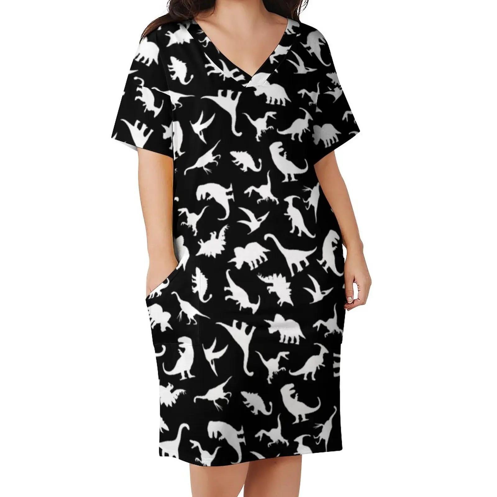 

Fun Dinosaurs Casual Dress Holiday White on Black Graphic Cute Dino Cute Dresses V Neck Graphic Street Wear Dress Plus Size 4XL
