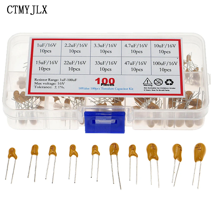 

100pcs 10Value 16V Tantalum Capacitor Assorted Kit Box Assorstment 1uF 2.2uF 4.7uF 10uF 22uF 100uF DIP Tantalum capacitors