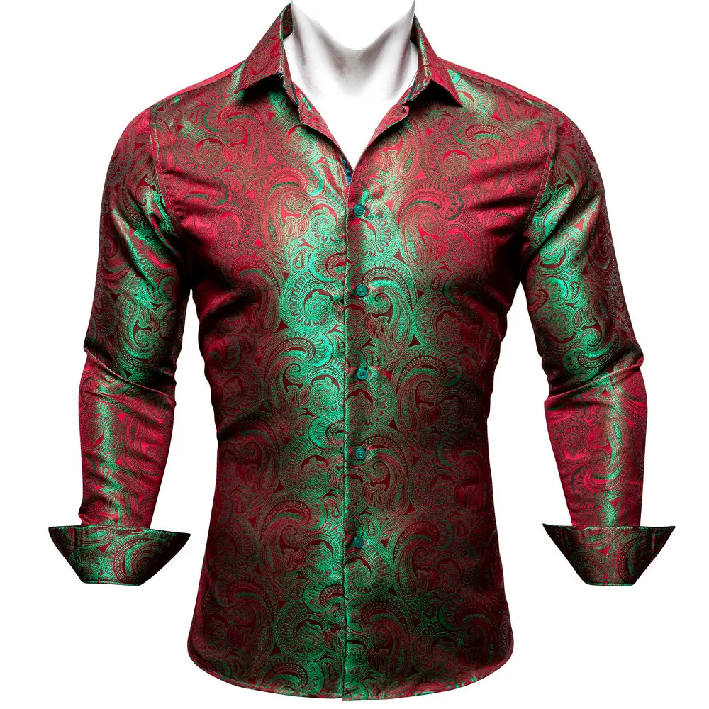 

Designer Silk Shirts for Men Green Paisley Embroidered Tops Long Sleeve Button Down Formal Causal Regular Slim Fit Blouses 628