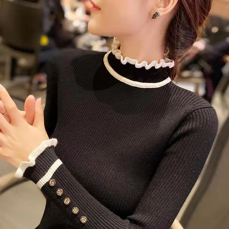 

Hot sale Autumn Winter Women's Sweaters Fashion Button Ruffles High Collar Ladies Sweater Inner Wear Slim Knitted Pullovers