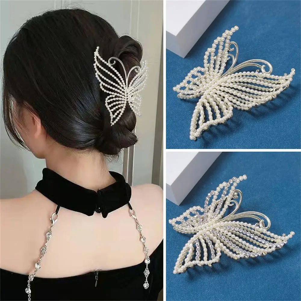 

Girls Pearl Barrette Elegant Hollow Geometric Butterfly Hairpin Metal Hair Claw Hair Jaw Clips Rhinestone Hairgrip