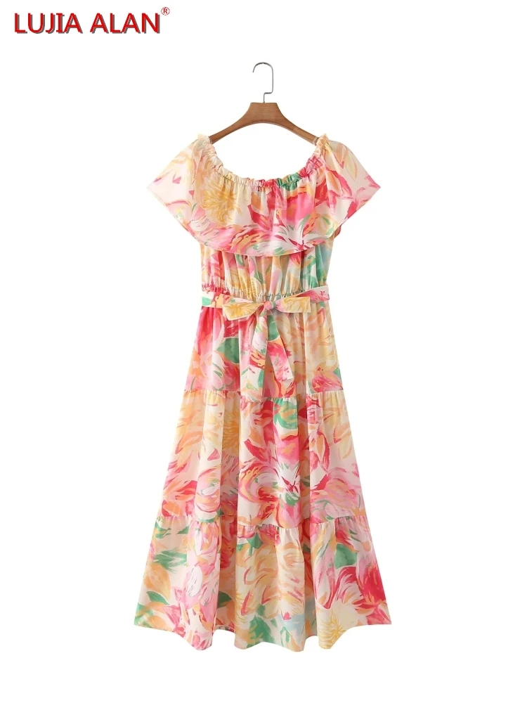 

Women Flower Printing Slash Neck Shawl Design Sashes Dress Summer Female Tiered Ruffle Midi Vestidos LUJIA ALAN D9888