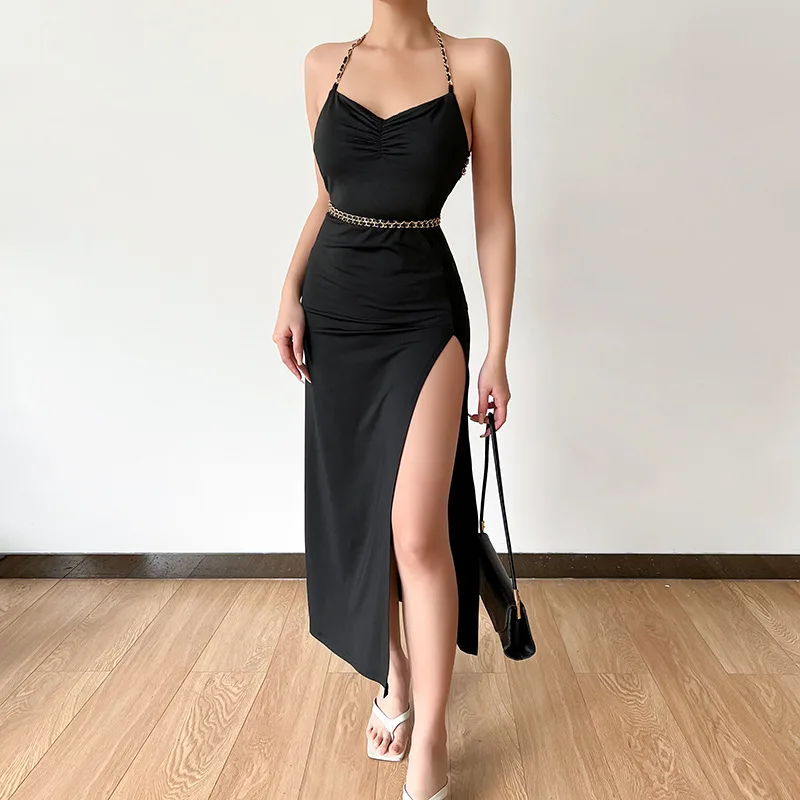 

Летнее черное облегающее платье DASSWEI с высоким разрезом для женщин, пикантное вечернее платье средней длины без рукавов с открытой спиной и бретелькой через шею, Y2k