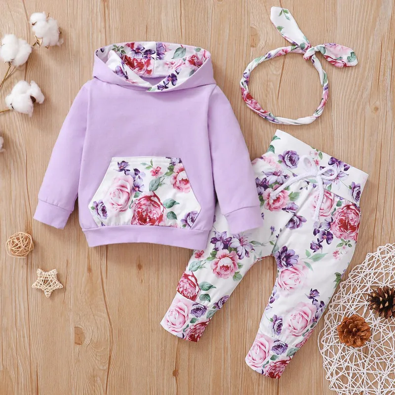 

Infant Baby Girls 3 Pieces Outfits Spring Autumn Long Sleeve Big Pockets Hoodies Floral Print Long Pants Headband Set Clothes