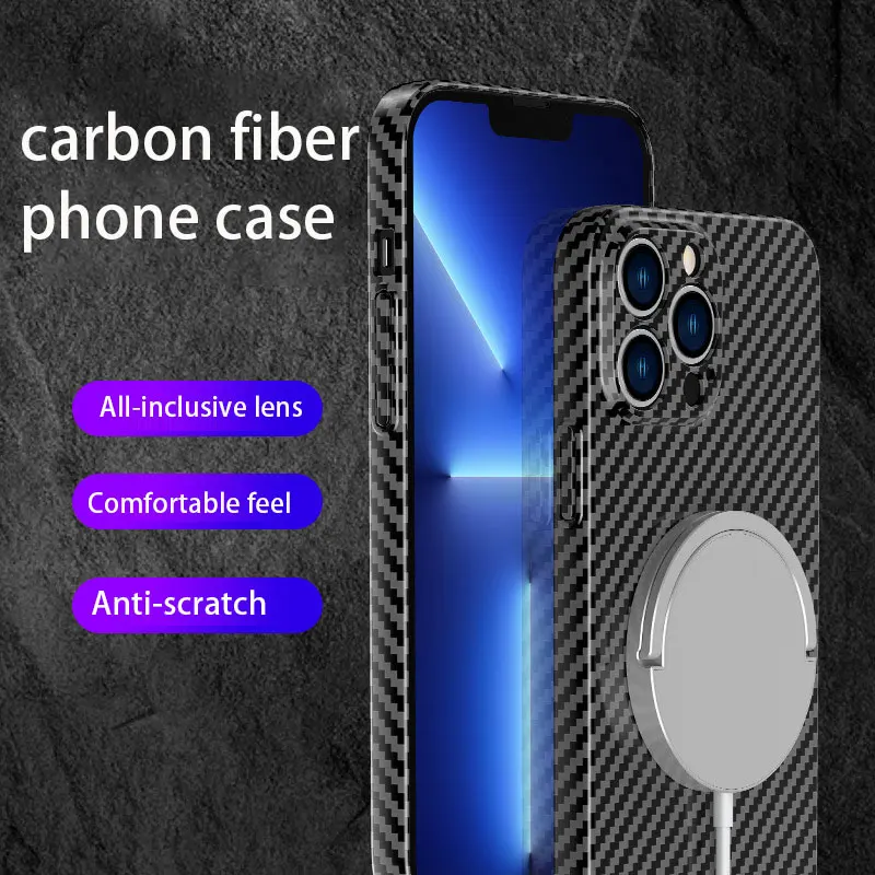 

For IPhone14Pro Max Carbon Fiber Phone Case 14Plus All-inclusive Lens 13 Magsafe Magnetic Protective Cover 12 Anti-Fingerprint