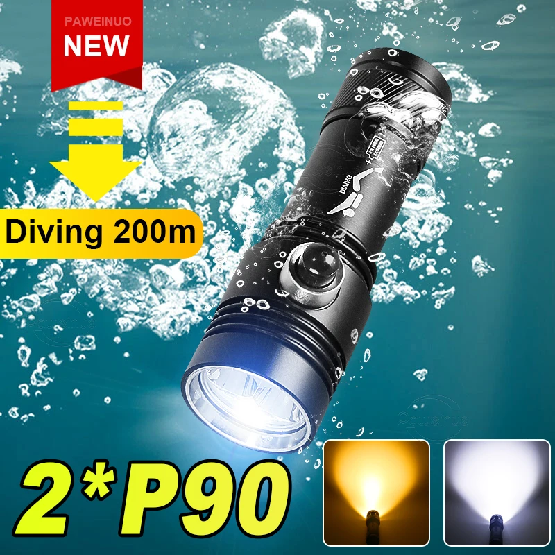 Most Powerful Profession Scuba Diving Torch XHP90 Wick 2Modes Rechargeable Led Diving Flashlight Yellow Light Underwater Lamp