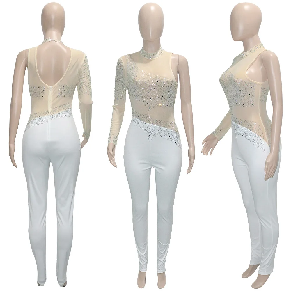 Fashion Diamonds Sheer Mesh Patchwork Women Jumpsuit Spring One Shoulder Long Sleeve Pencil Pants One Piece Party Club Romper