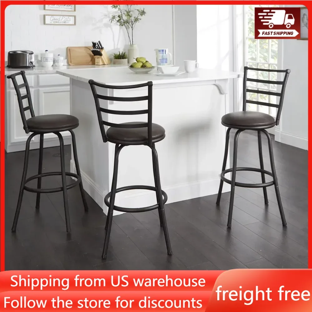 

3 Pack Adjustable 24" or 29" Bronze Ladder Back Swivel Barstool Bar Counter Chair Espresso Vegan Leather Seat Freight Free Stool