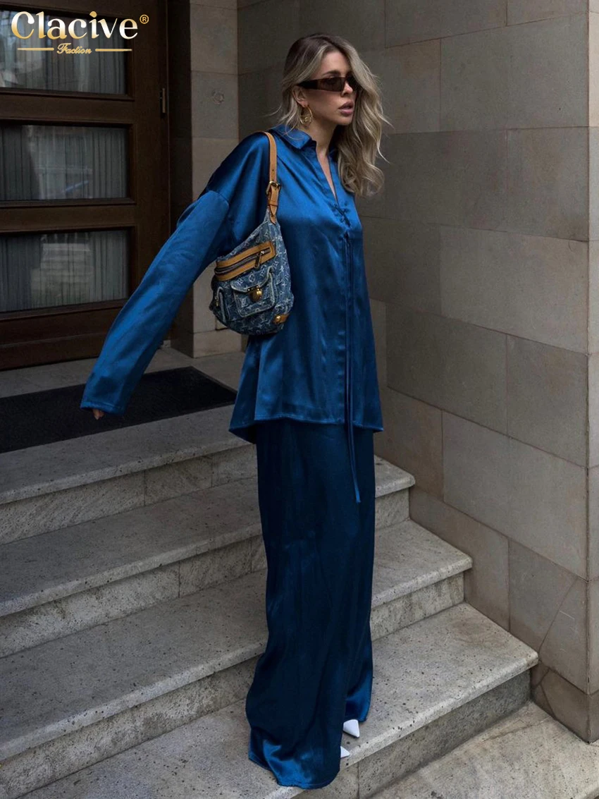 Модные свободные Синие атласные комплекты Clacive из 2 предметов женская одежда 2024