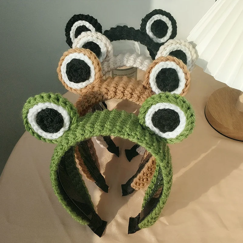 

Hand Knitted Big Eyes Frog Headband Wash Makeup Hair Band Cute Cartoon Scrunchies Autumn Spring Headdress New Hair Accessories