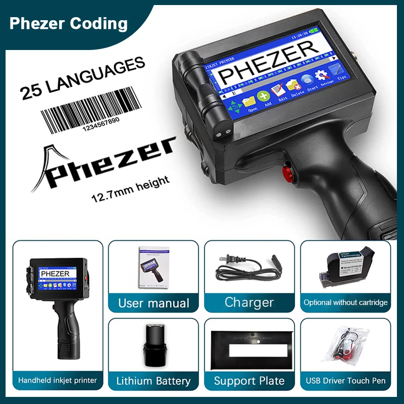 

Phezer P15 12.7mm Label Printer QR Bar Batch Code Date Number Logo Expiry Date Handheld Inkjet Printer 25 Languages Portable