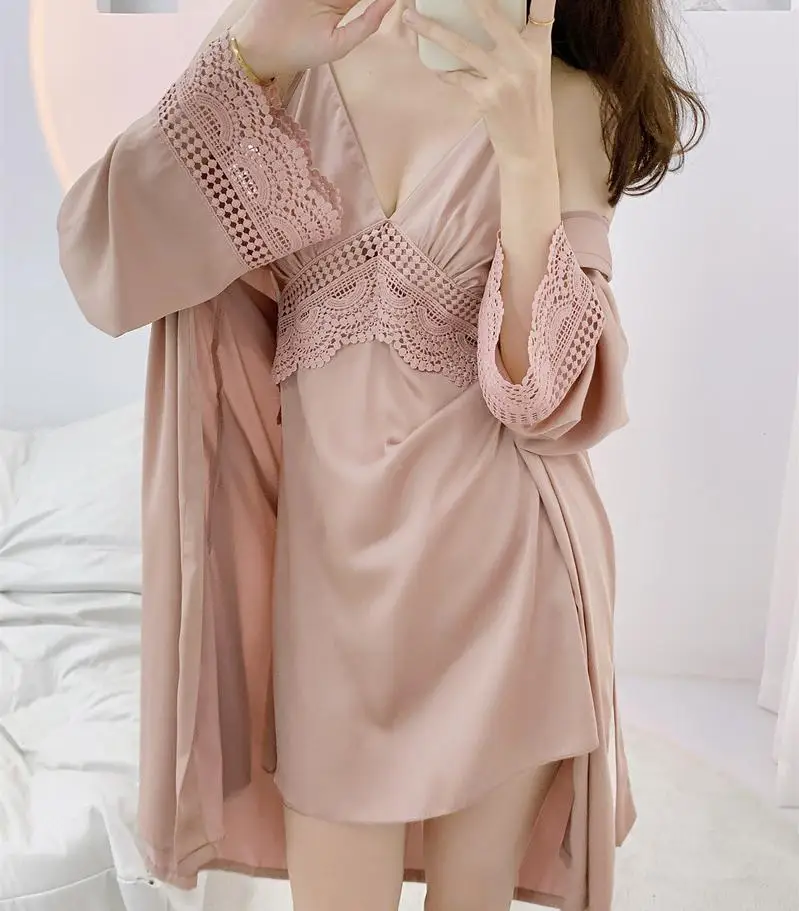 Комплект из двух предметов ночная рубашка женский кружевной халат сатиновый