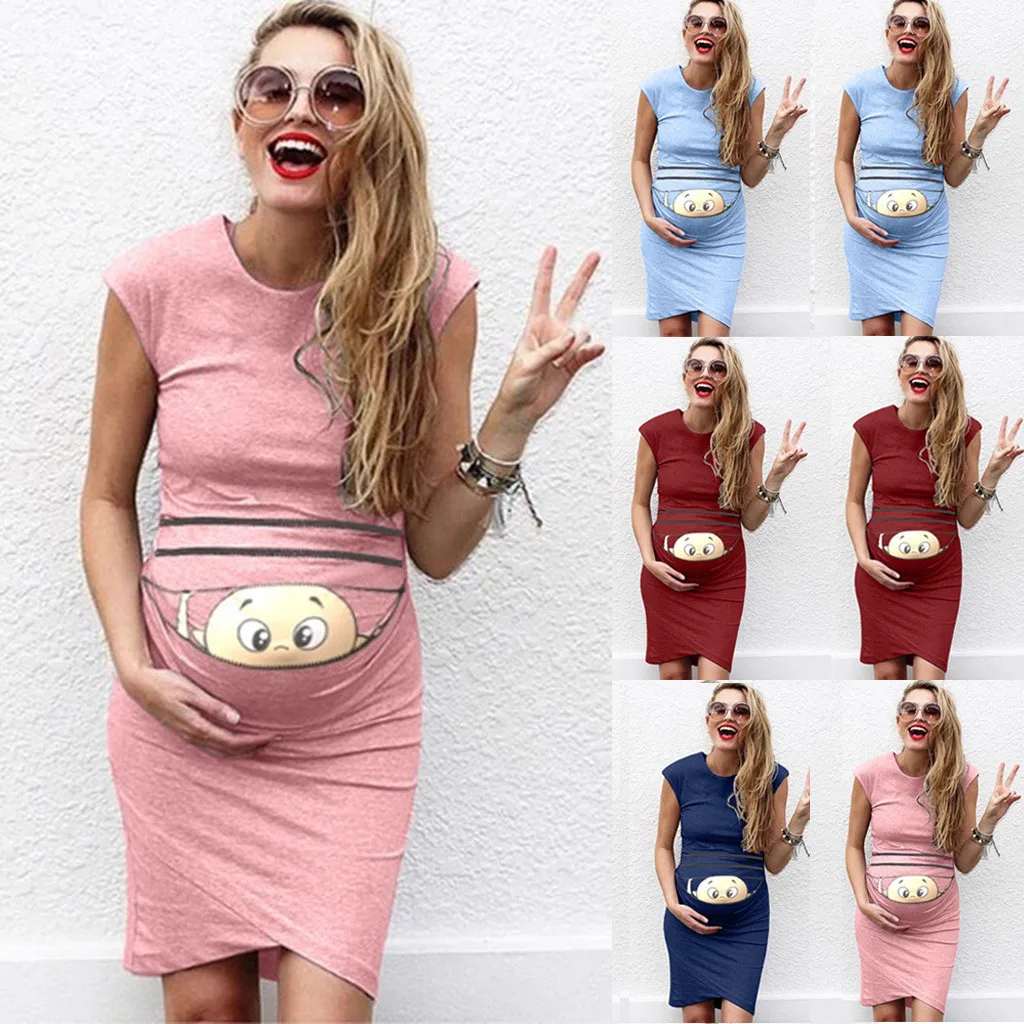 Women's Maternity Sleeveless Tank Dress Ruched Funny Baby Print Pregnancy Dress Scoop Neck Casual Mama Clothes Bodycon Clothing