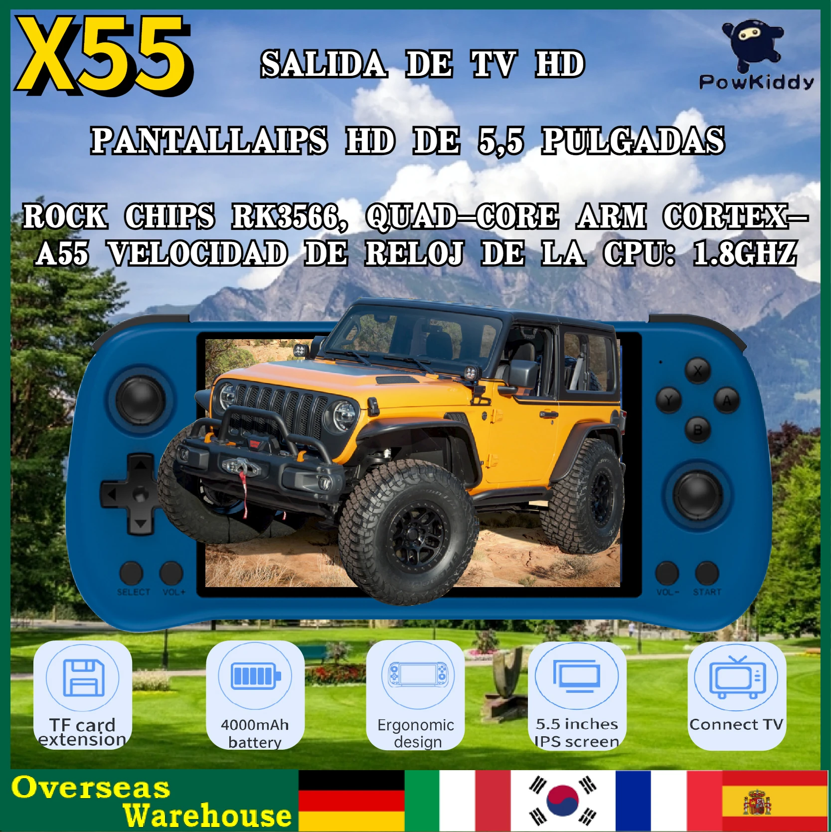 

Игровая консоль POWKIDDY X55, 5,5 дюйма, IPS-экран, RK3566, с открытым исходным кодом, операционная система Linux, 4000 мАч, ТВ, HDMI, LPDDR4X, 30000 игр