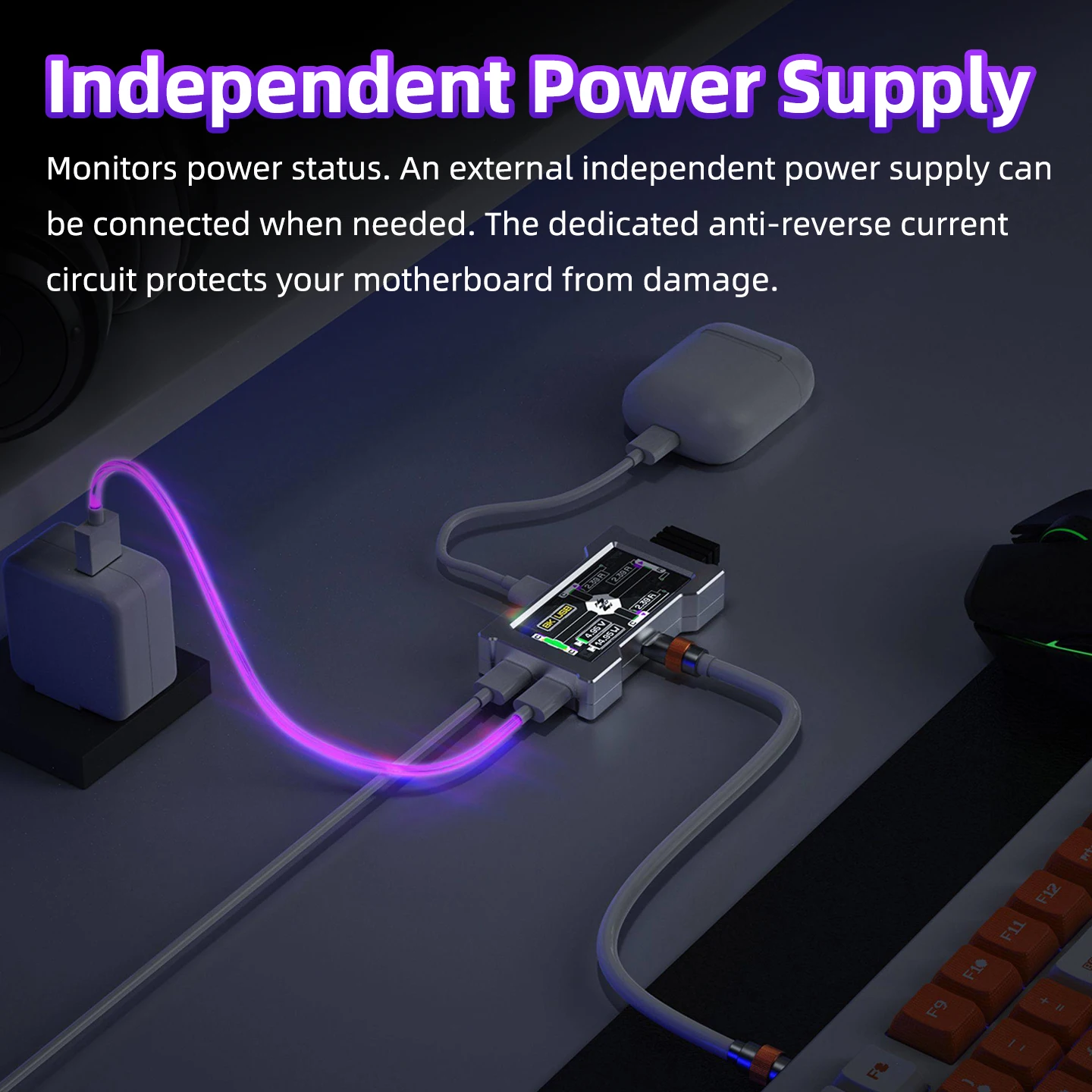Фото Игровой USB-хаб HMHUB — 2 входа, 3 выхода, 8K, независимое питание, с экраном для создания игровой атмосферы на рабочем столе №4