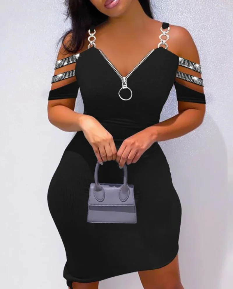 

Sexy Women Elegant Cocktail Party Prom Rhinestone Zipper Evening Chic Formal Occasion Dresses Daily Bodycon Short Dress Clothes